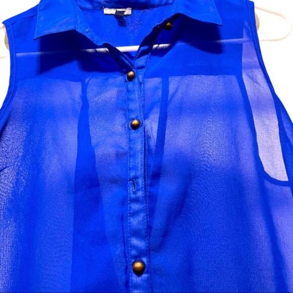 Women's Blue Sheer Blouse Back Button Design - Picture 4 of 4